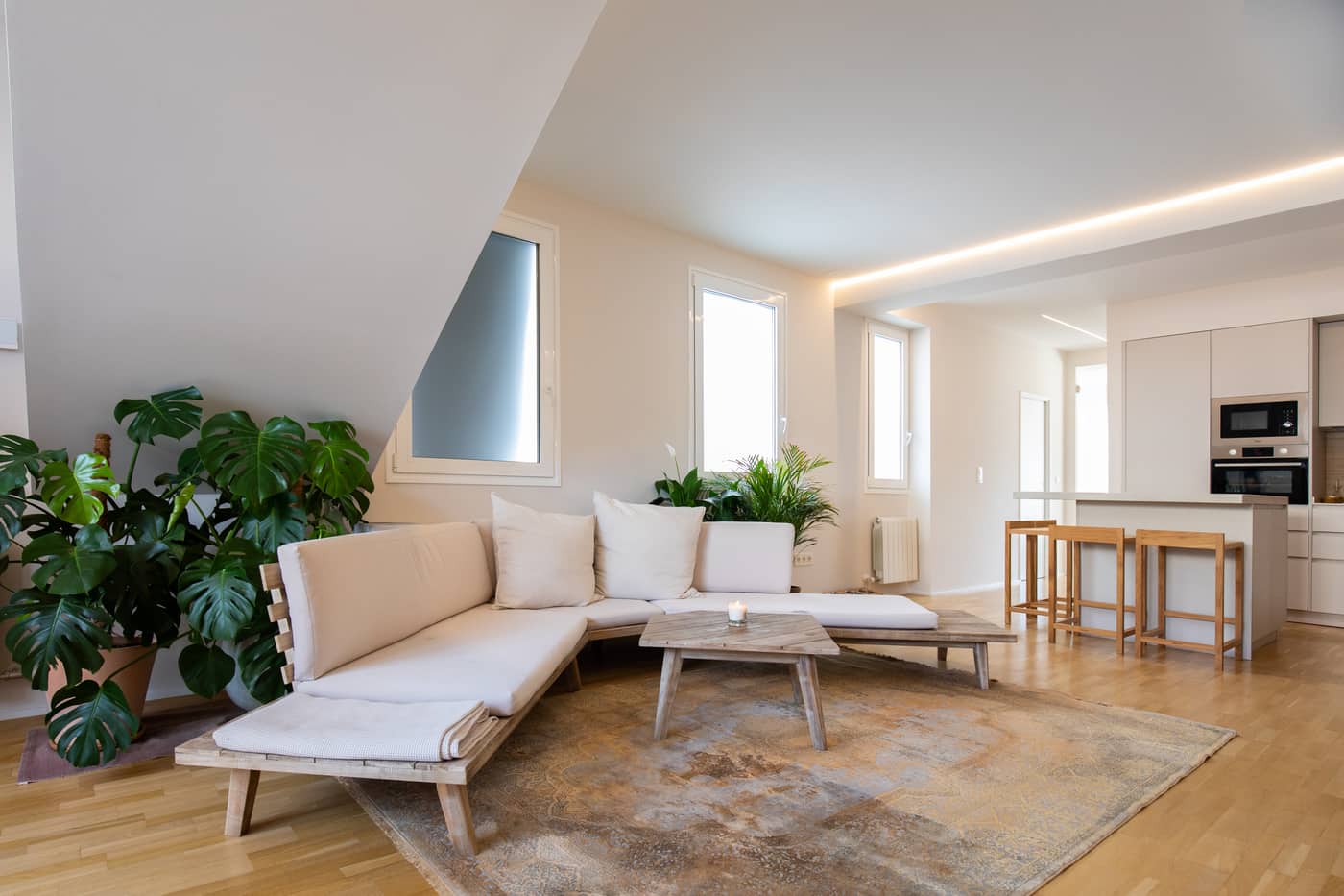 Salón con techo inclinado y cocina abierta