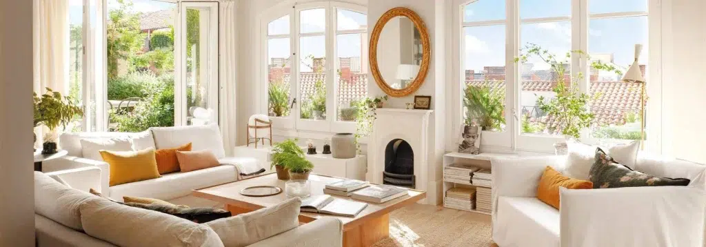 salon blanco espacioso con chimenea y espejo