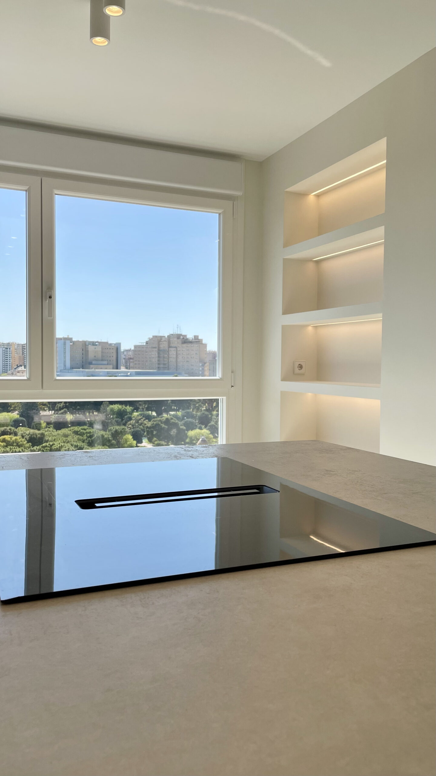 Placa de inducción junto a la ventana con estantes iluminados