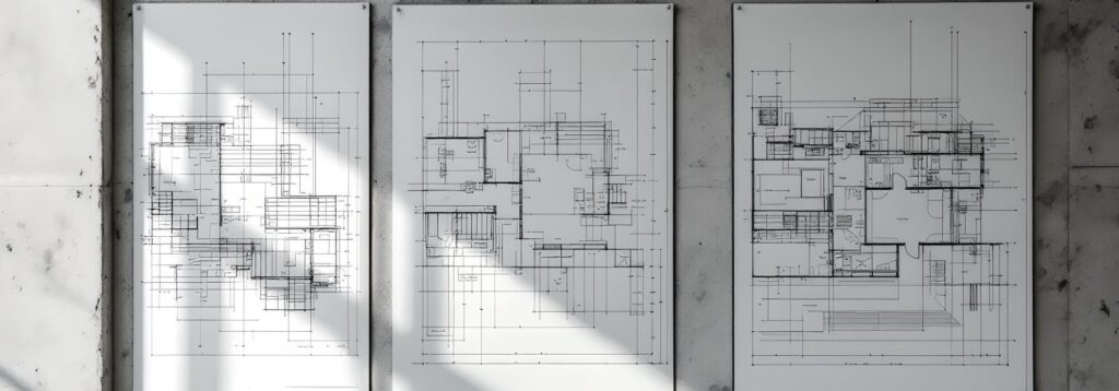 planos de arquitectura en exposicion en una pared