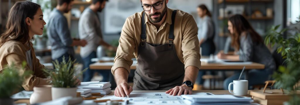 profesional revisando prototipos en espacio de trabajo modernista