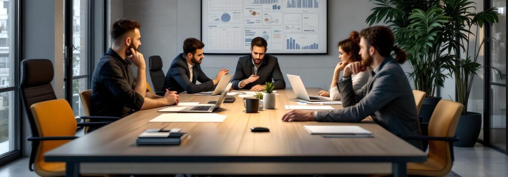 reunion de negocios en sala de juntas con decoracion industrial