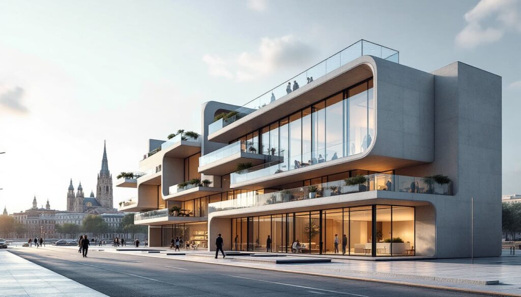 arquitectura vanguardista de edificio comercial con estructura geometrica y terrazas