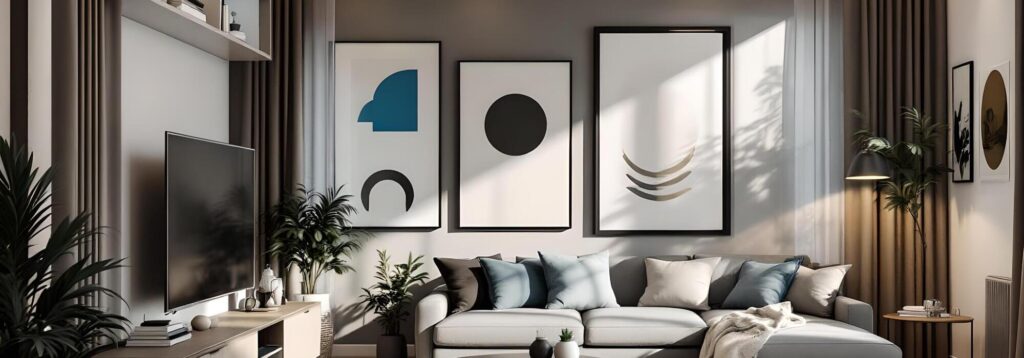 diseño de interior con sofa contemporaneo y cuadros geometricos en pared