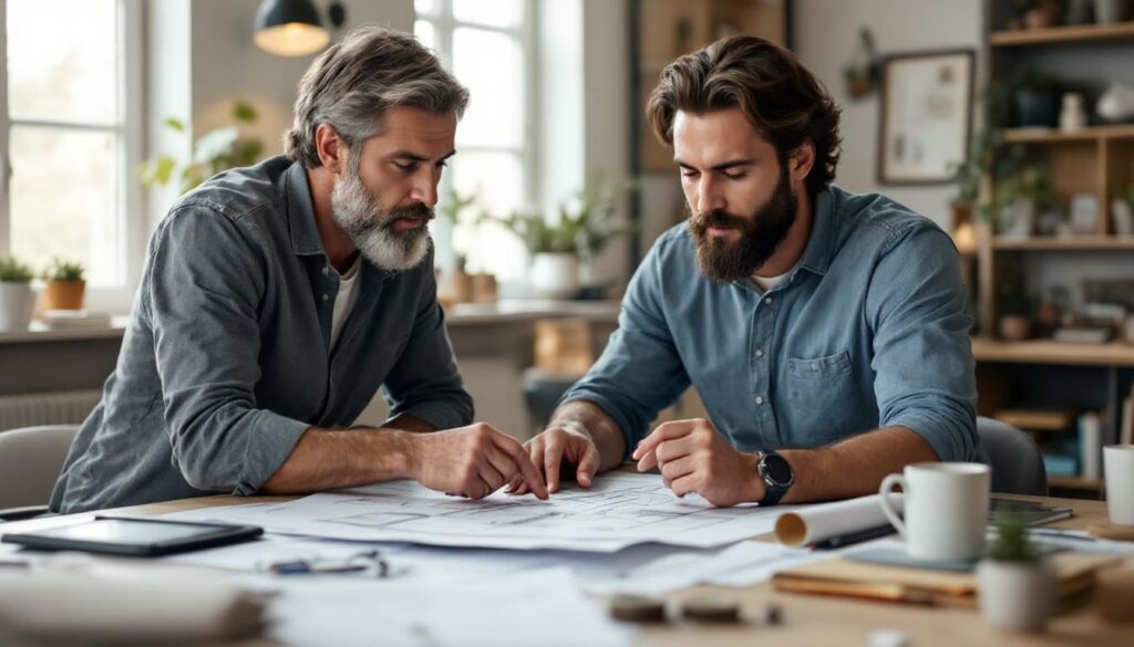 dos arquitectos colaborando en diseno de proyecto en estudio profesional
