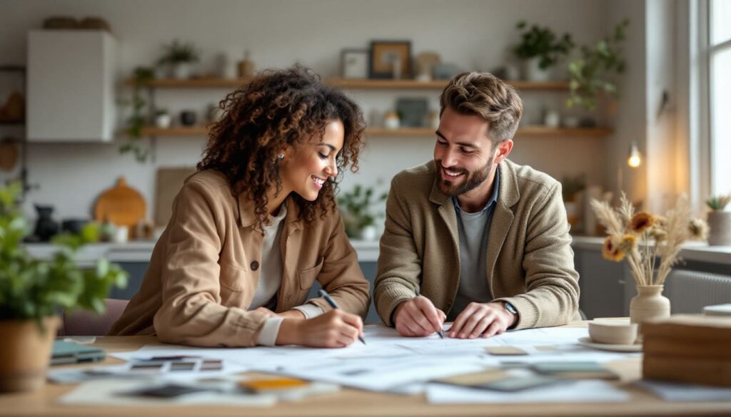 equipo de arquitectos revisando planos en oficina con discusion estrategica