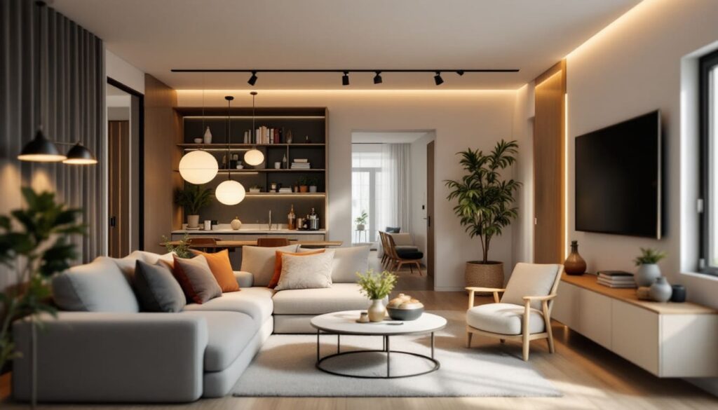 espacio de estar con iluminacion calida y muebles de diseno moderno