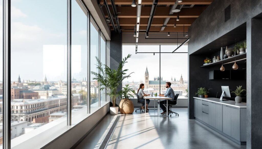 espacio gourmet en terraza con vistas a ciudad y diseno industrial con madera y metal