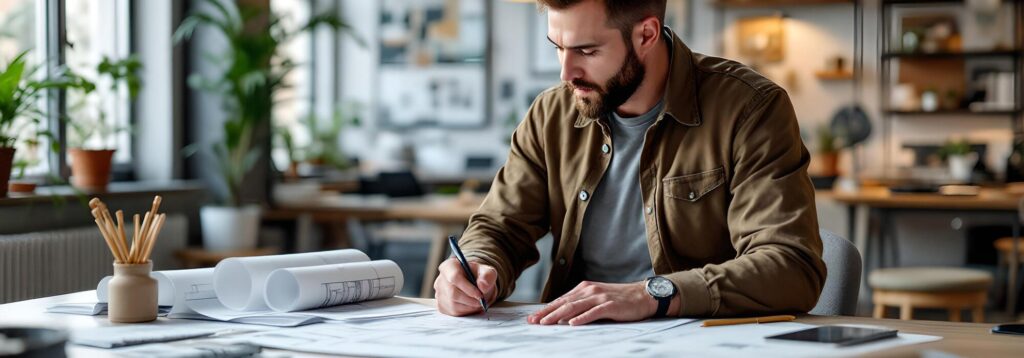 hombre escribiendo en cuaderno en espacio de trabajo con luz natural