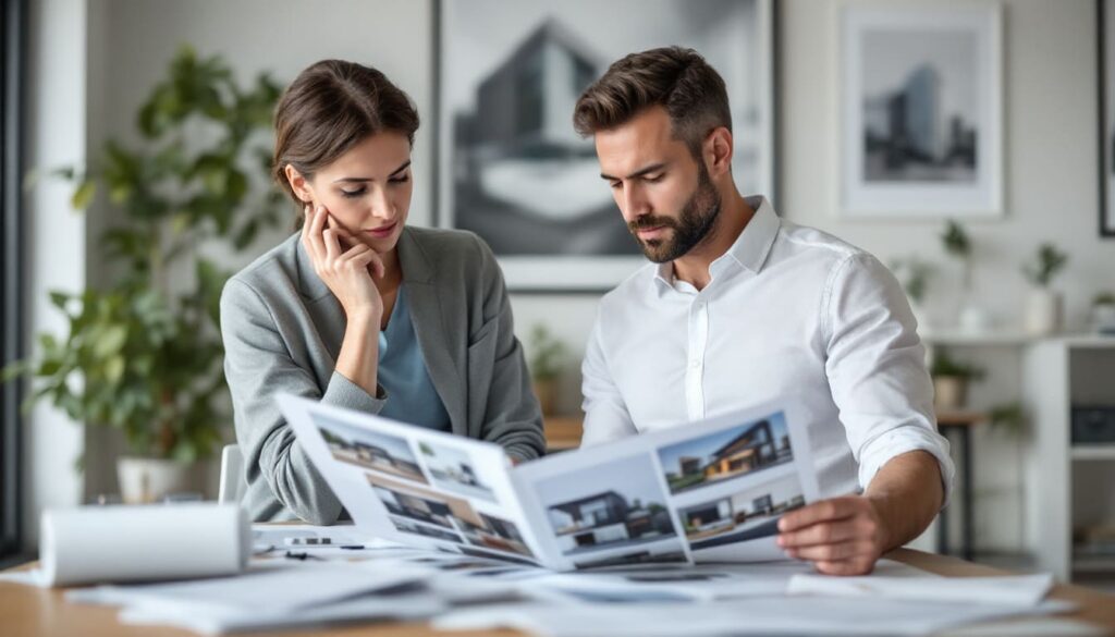 pareja analizando informe financiero con graficos y estadisticas en revista