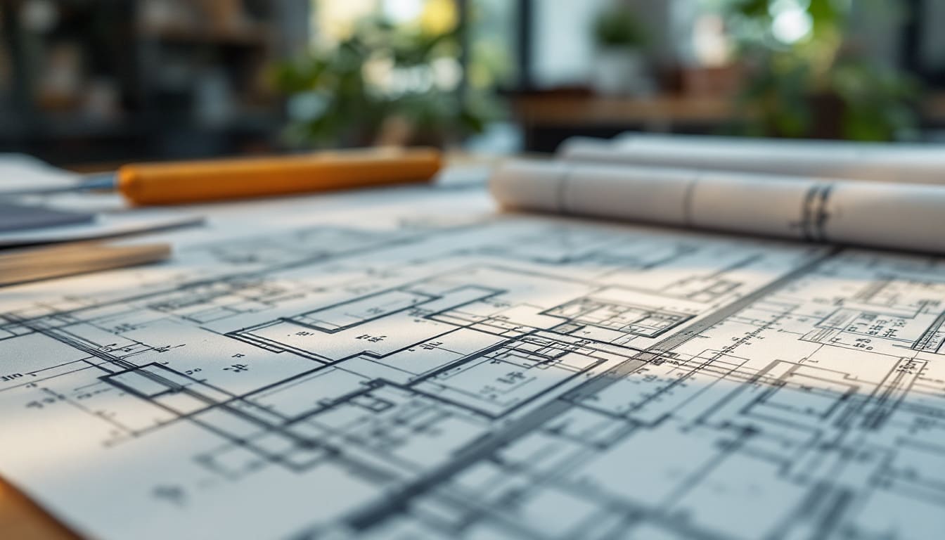 plano arquitectonico detallado sobre mesa con reglas y lapices