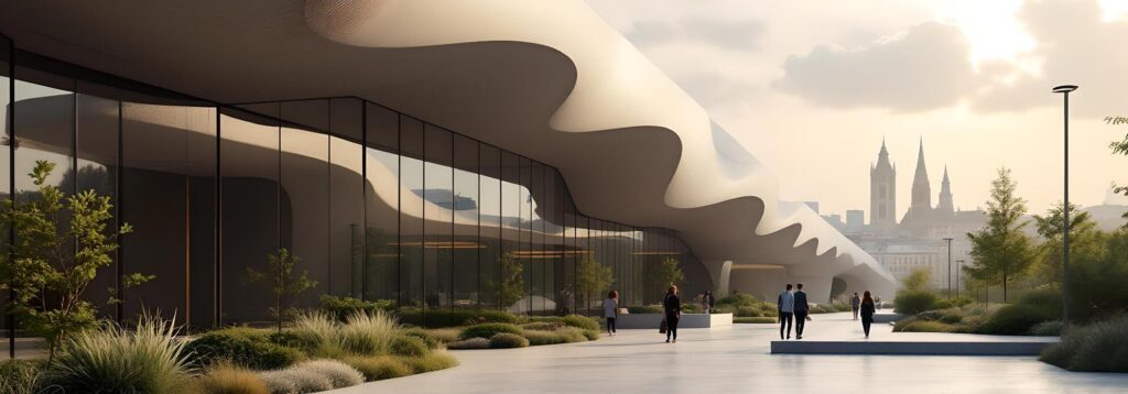 renderizado de edificio moderno con lineas curvas y vidrio en entorno natural