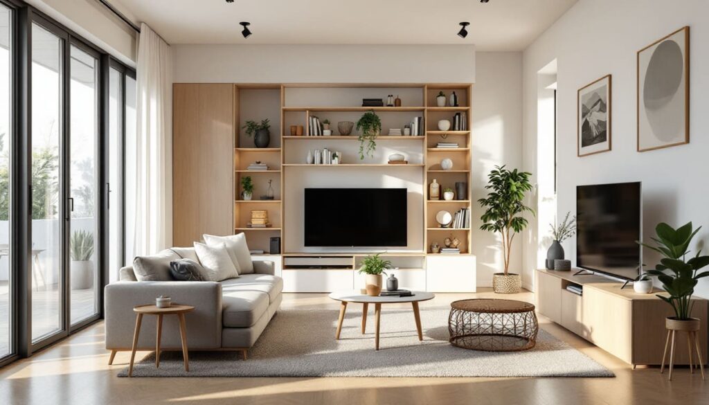 salon minimalista con estanteria integrada y televisor en pared blanca