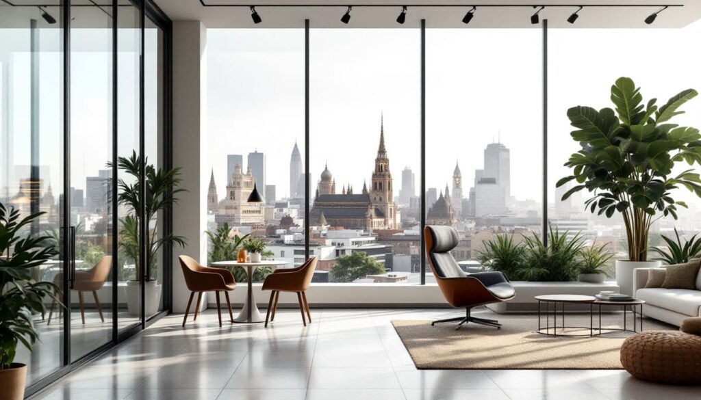 vista panoramica de ciudad desde sala con grandes ventanales y decoracion moderna
