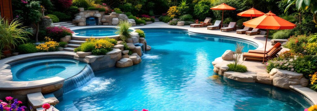 piscina lujo rocas plantas jardin