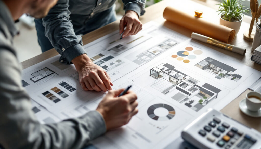 equipo trabajando en planos de diseno estrategia y datos de negocio