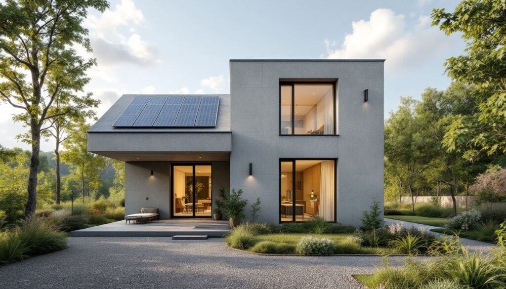 fachada casa moderna con ventanales y paneles solares exteriores