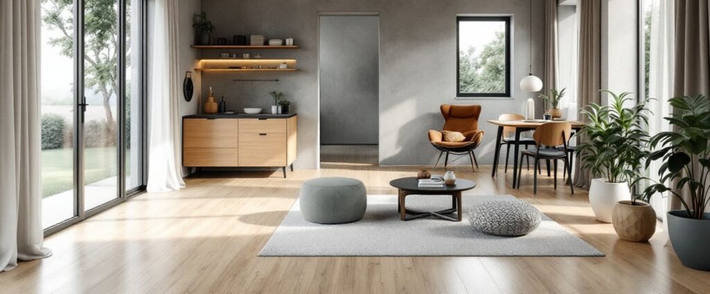 interior moderno salon con luz natural y mobiliario minimalista