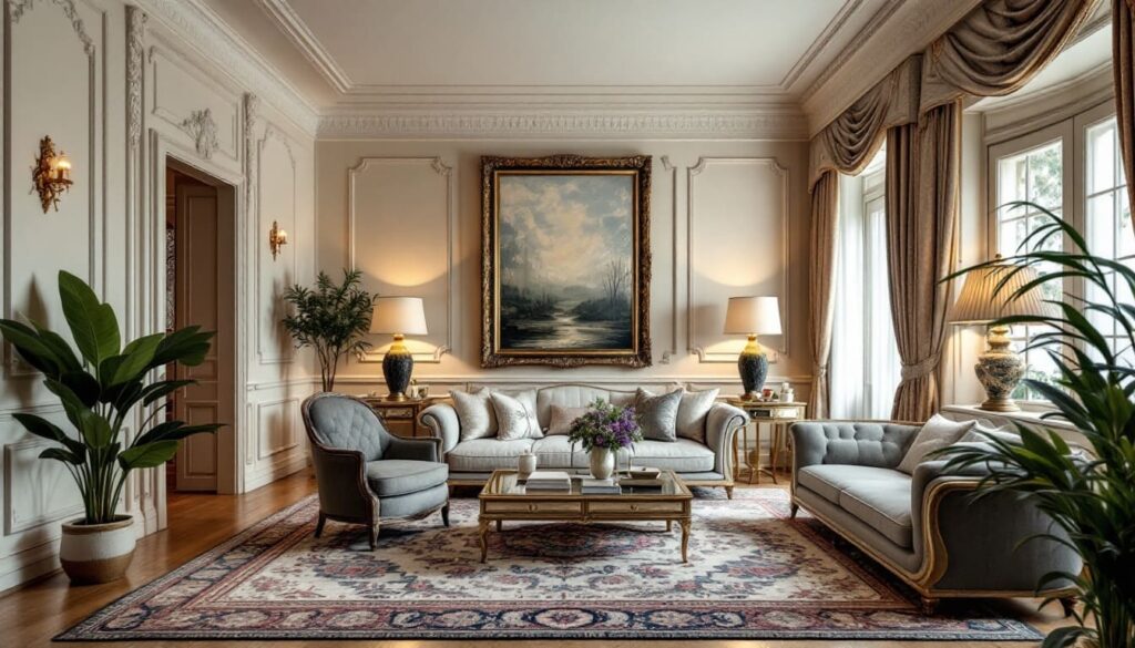 salon clasico con sofas victorianos cuadro central y alfombra elegante