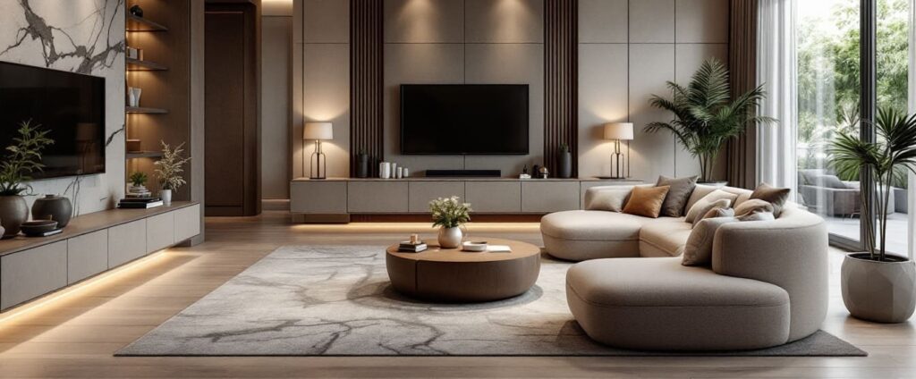 salon de lujo con sofas beige iluminacion led y detalles en marmol