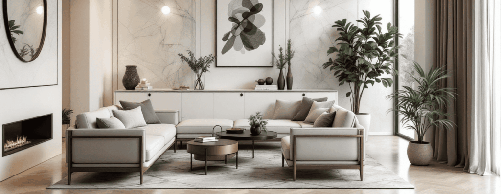 salon lujo moderno con sofa cuadro y plantas en tonos claros