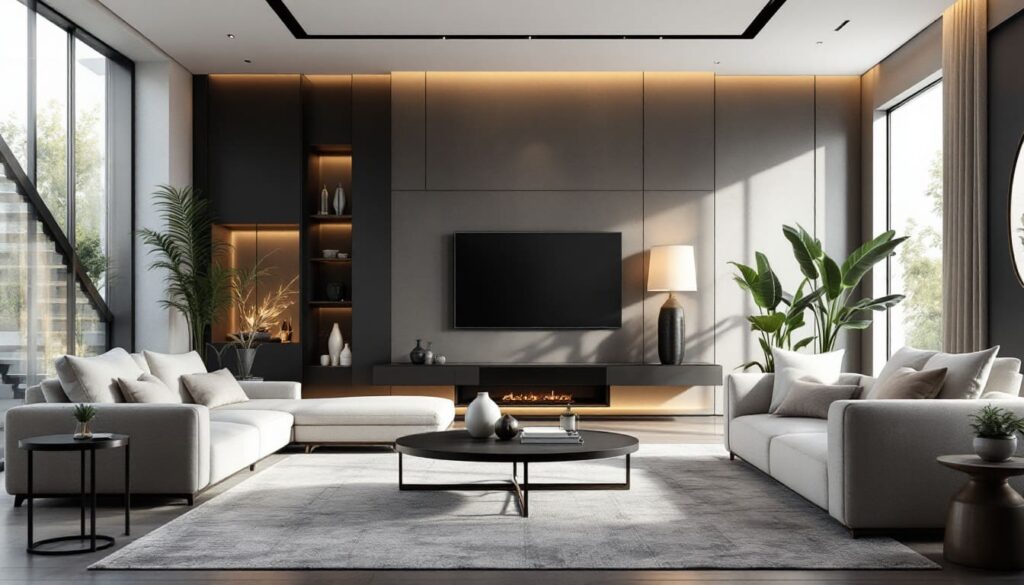 salon minimalista con sofas blancos y ventanales grandes luz natural