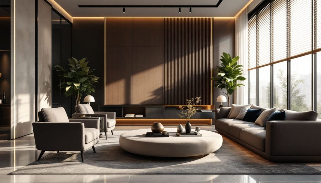 salon moderno con paneles de madera sofas grises y planta decorativa