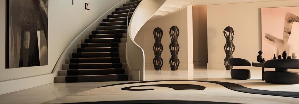 entrada elegante con escalera curva y arte moderno en paredes espacio amplio luminoso decoracion minimalista y acogedora
