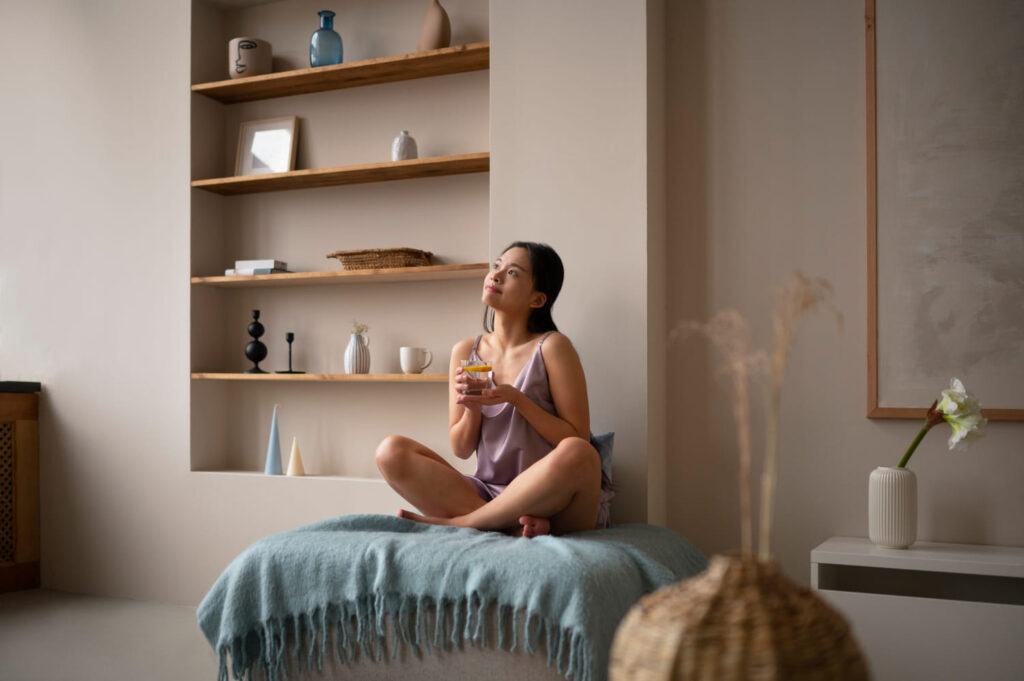 mujer relajandose en cama con manta azul en habitacion de diseno minimalista con estanterias y objetos decorativos
