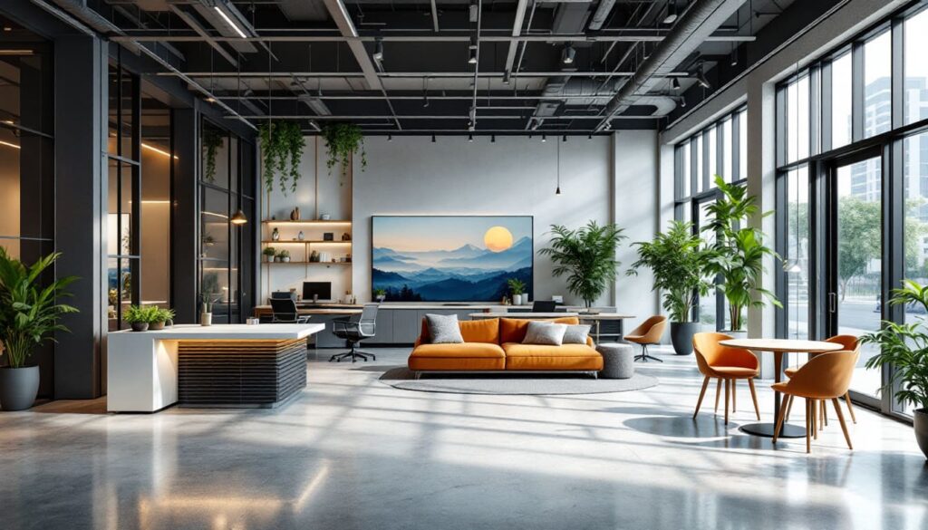 oficina moderna espaciosa con muebles naranjas y mesas de trabajo luz natural y plantas decorativas en ambiente profesional