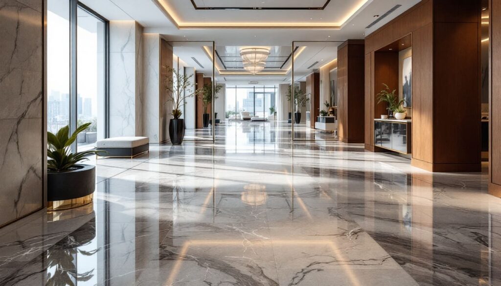 pasillo amplio con piso de marmol y paredes de diseno moderno iluminacion natural y acabados lujosos en hotel o edificio comercial