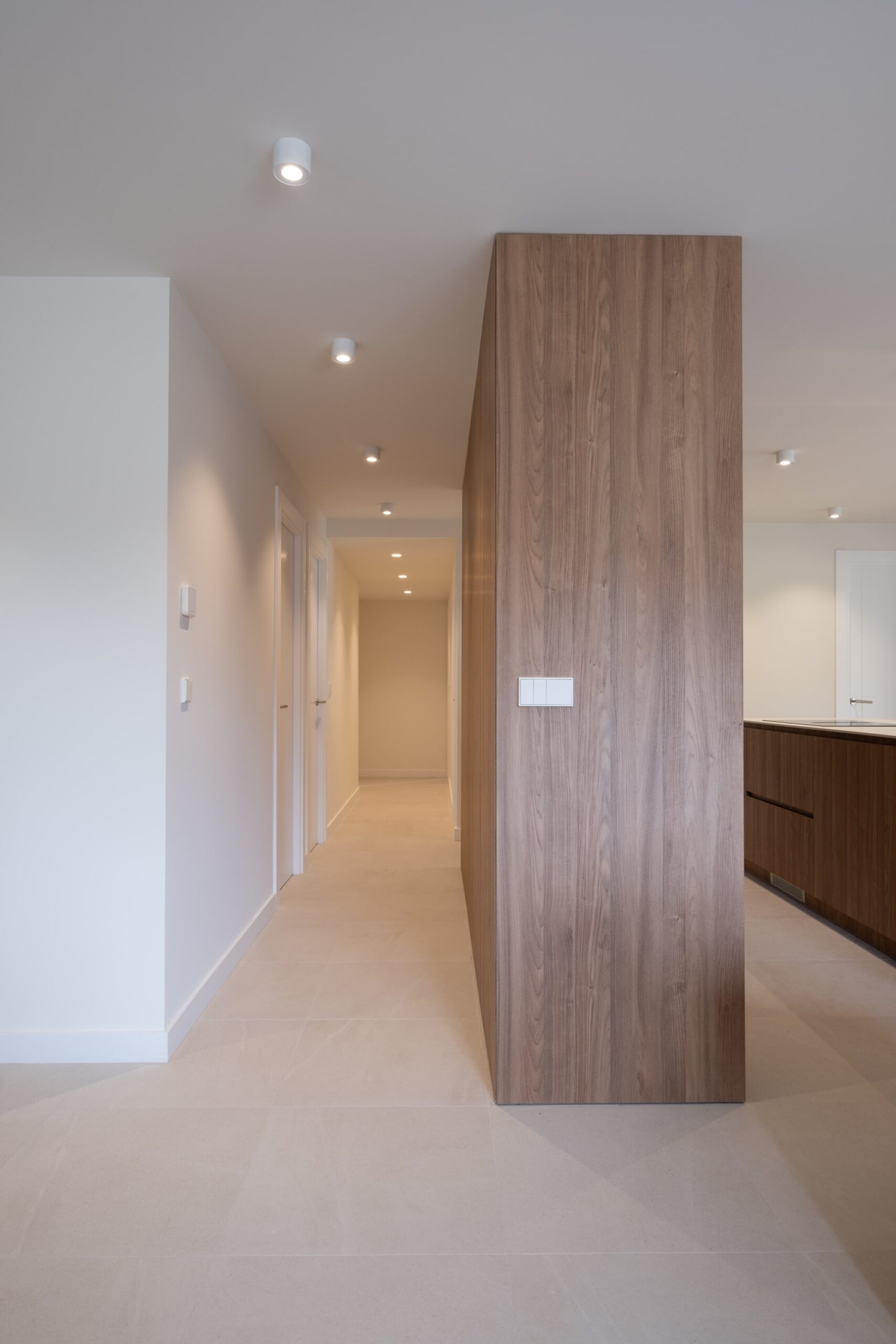 Pasillo junto al volumen revestido de madera, proyecto CP06