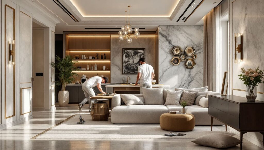 salon lujoso con sofas claros lamparas de techo arte paredes y plantas en ambiente moderno y acogedor con detalles de diseno