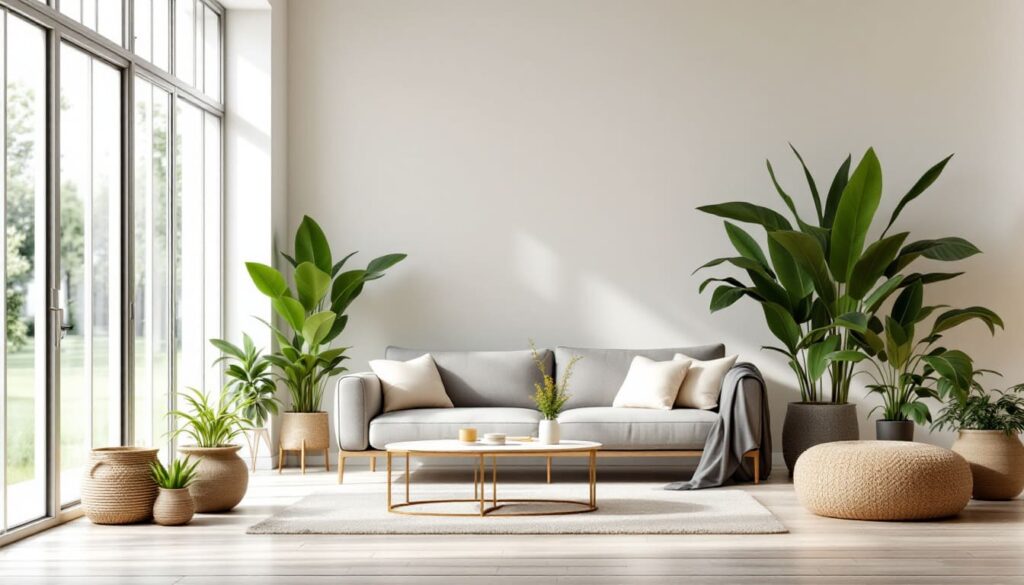 salon moderno con sofa gris planta decorativa y mesa baja en ambiente luminoso y acogedor con luz natural