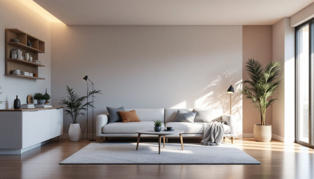 salón minimalista con tonos grises