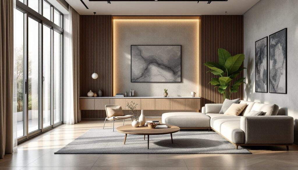 salón moderno con tonos grises