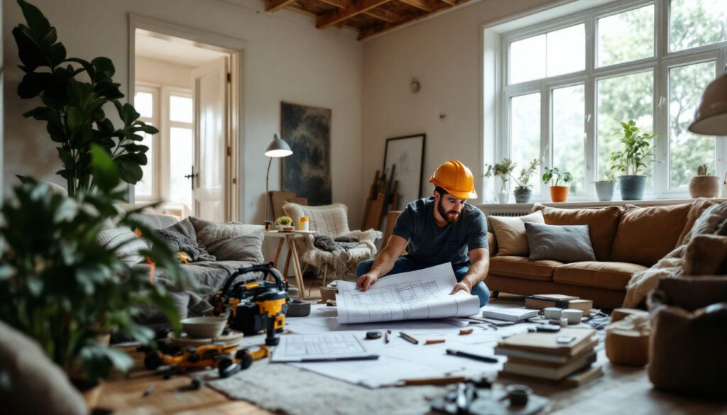 A photograph of a contractor or homeowner reviewing blueprints and discussing renovation plans in a well-lit