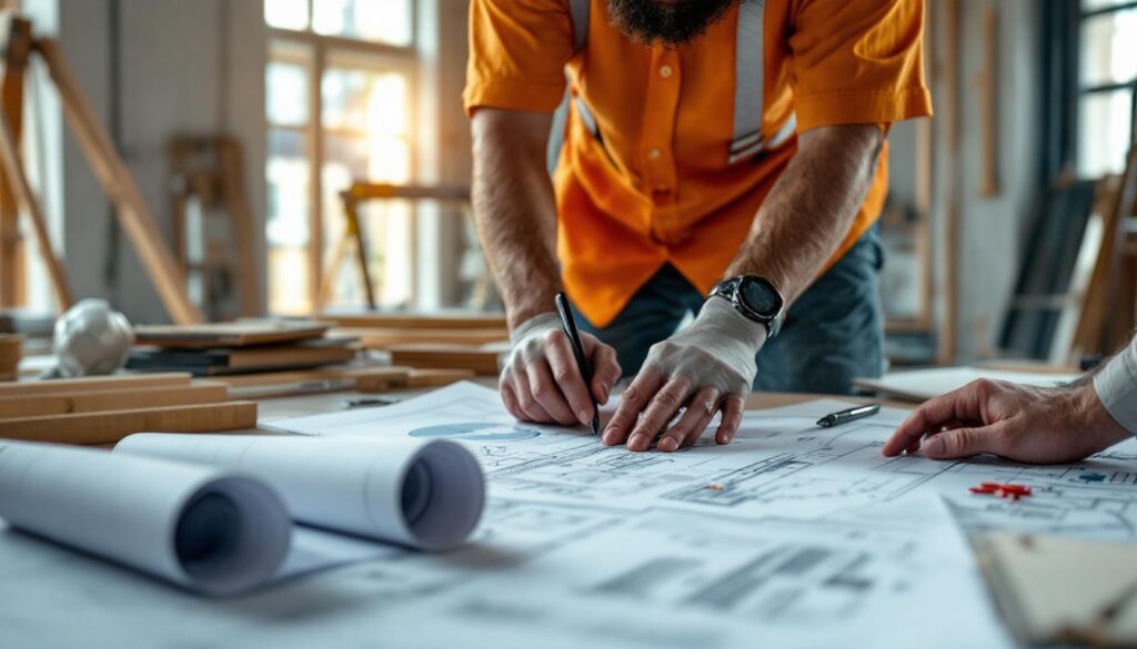 A photograph of a construction site with workers collaborating on plans