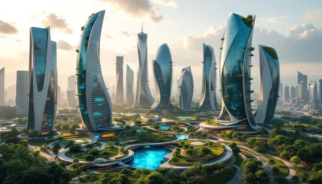 A photograph of a futuristic city skyline featuring innovative architectural designs