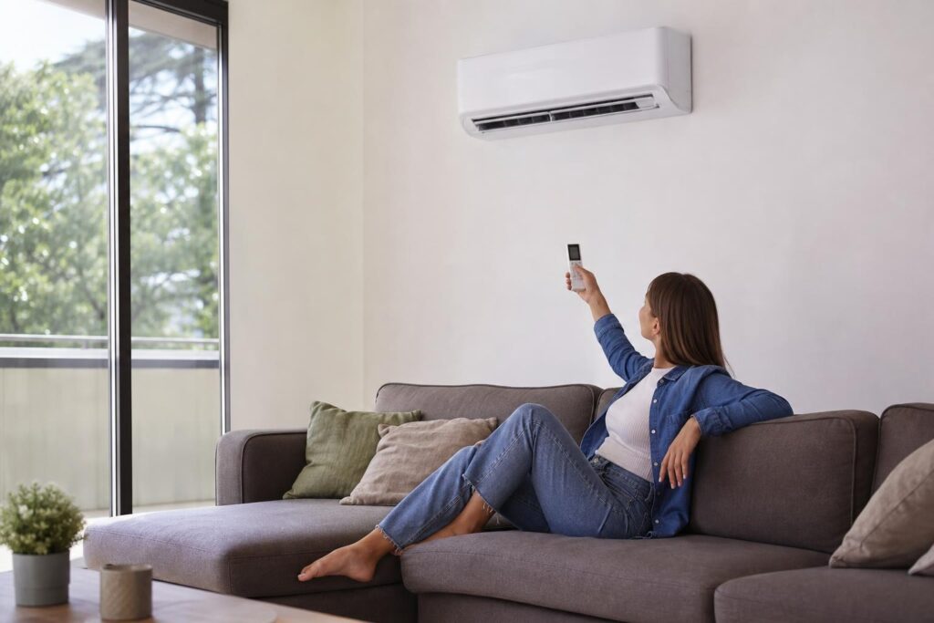 Woman sitting on a grey sofa in a bright living room, using a remote to adjust a white wall-mounted air conditioner.