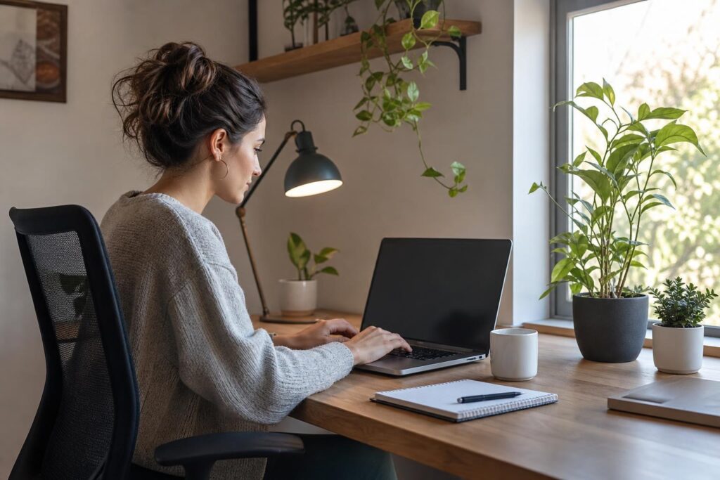 Woman working on a laptop at a wooden desk with a desk lamp, notebook, and green plants in a bright, cozy home office by a window.