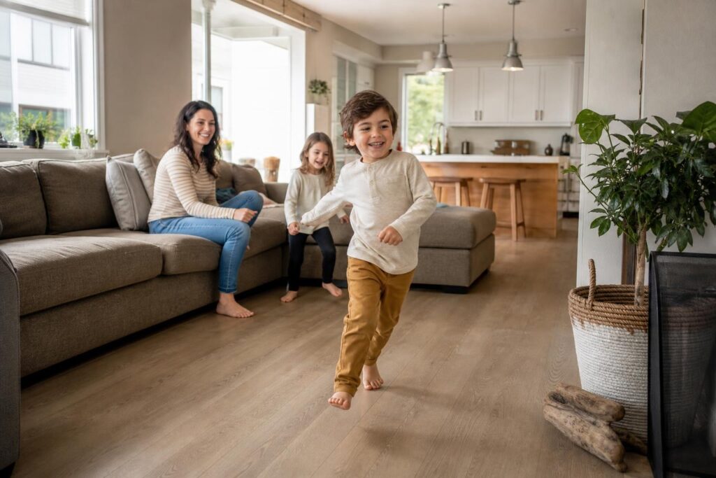 Two young children run across a spacious, open-concept living room with light wood floors while their mother watches from a large grey sectional sofa.