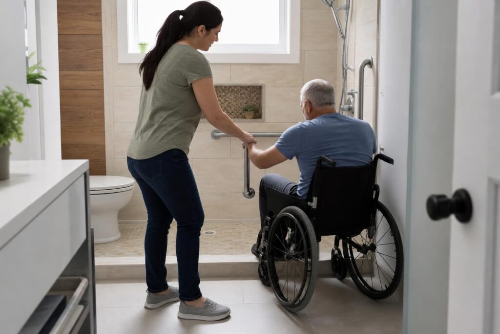 Woman assisting a senior man in a wheelchair into an accessible walk-in shower equipped with safety grab bars and a low-profile entry.