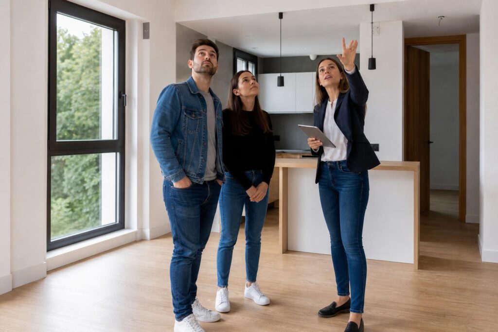 Architect pointing out ceiling details to a young couple during a final walkthrough of a modern, renovated apartment with an open kitchen.