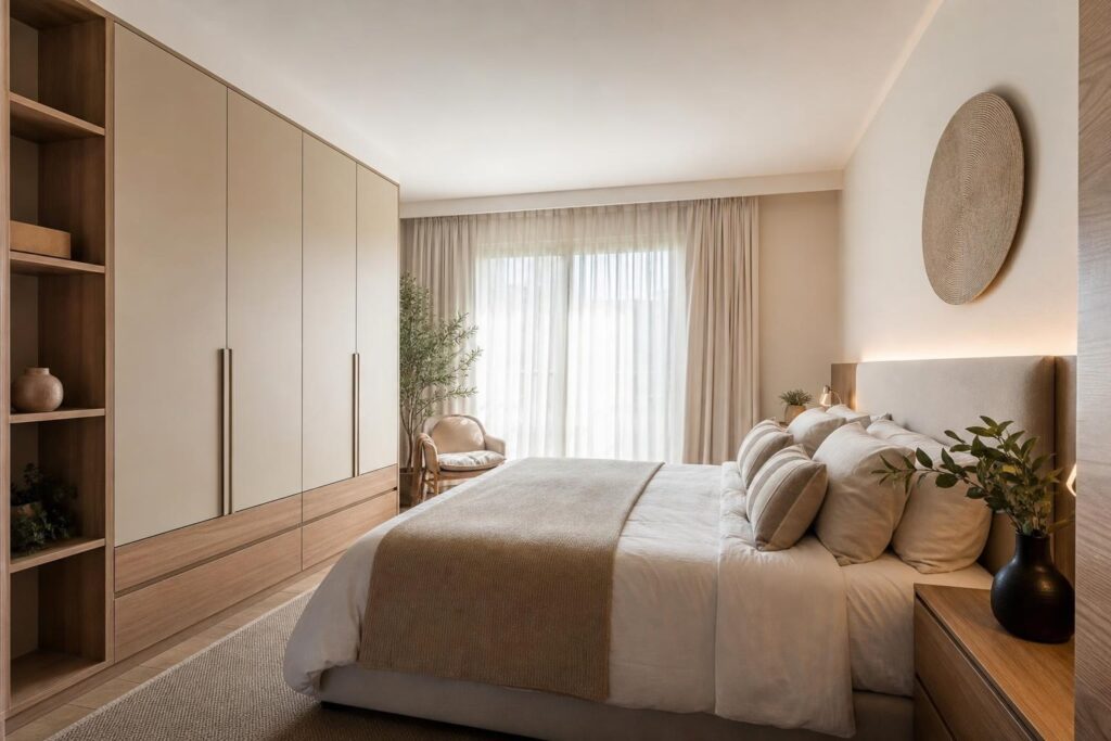 Modern minimalist bedroom in beige and wood tones featuring a large built-in wardrobe, a plush bed with neutral linens, and soft natural light.