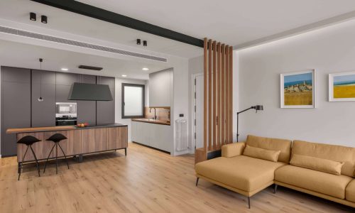 salon abierto con sofa y cocina