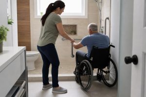 Woman assisting a senior man in a wheelchair into an accessible walk-in shower equipped with safety grab bars and a low-profile entry.