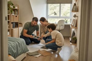 Parents and a young boy kneeling on a bedroom floor reviewing architectural blueprints and color swatches for a home renovation.