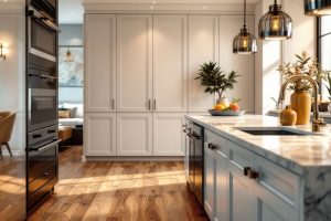 cocina moderna con isla central de marmol muebles blancos lamparas de diseno y accesorios decorativos en ambiente acogedor