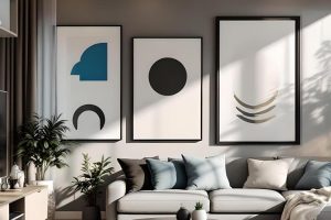 diseño de interior con sofa contemporaneo y cuadros geometricos en pared